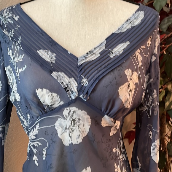 Ann Taylor Vintage size 6 silk semi sheer steel blue with white side zip blouse. - Picture 2 of 16